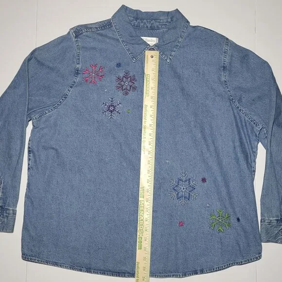 C.J. Banks Womens Blue Denim Long Sleeve Button Up Embroidered Jacket Size 1X - Picture 12 of 13